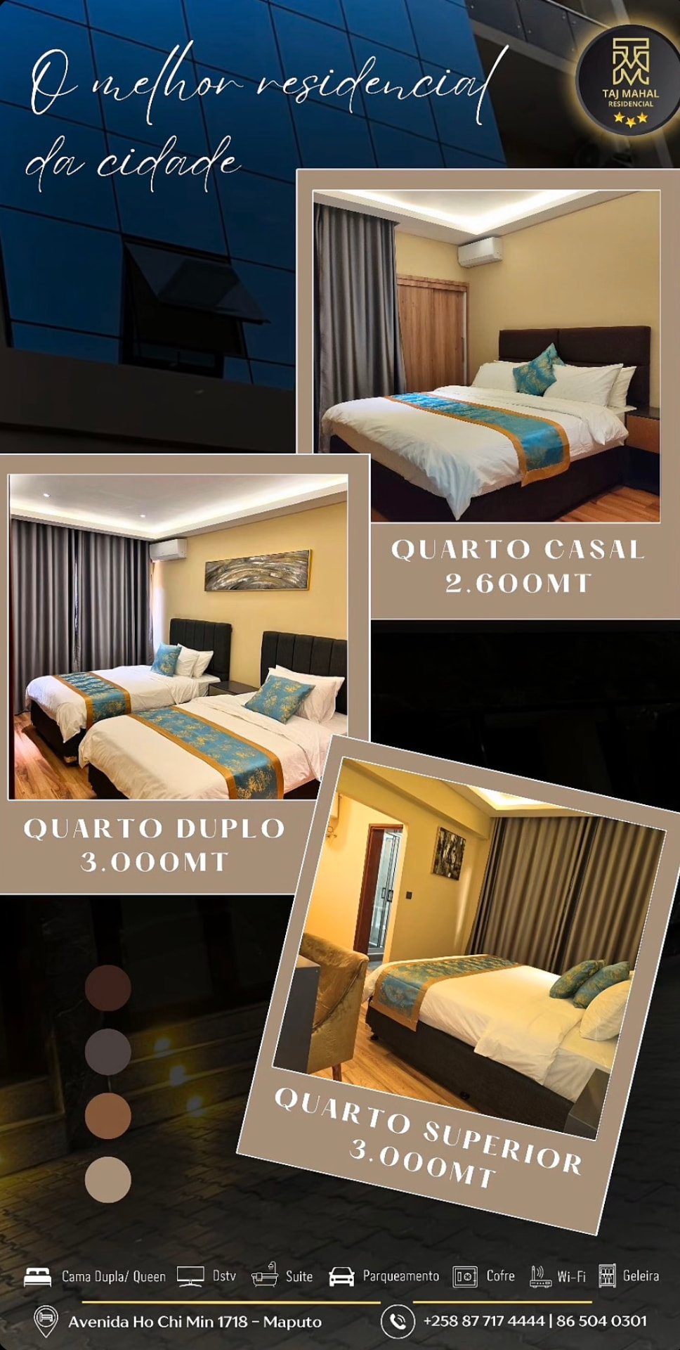 Tipos de quarto: casal, duplo e superior